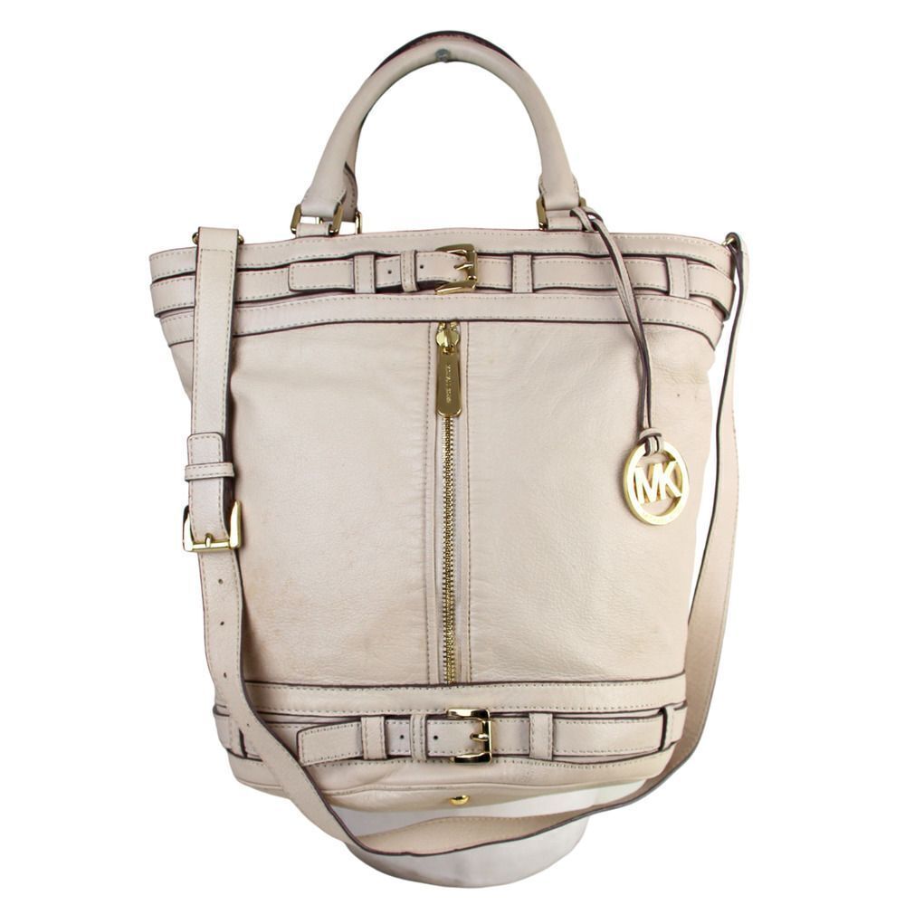 Michael Kors BEIGE GENUINE LEATHER LRG X-BODY SHOULDER BAG SATCHEL HANDBAG PURSE